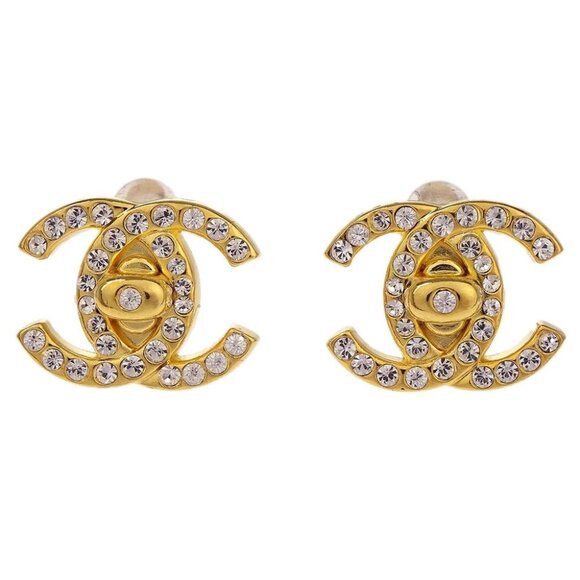 Chanel CC Turnlock Rhinestone Earrings Clip-On Gold Small 96A 177634 - Picture 1 of 4